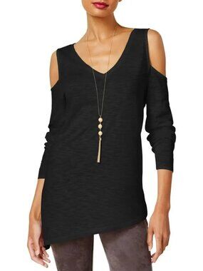 INC Black V-Neck Asymmetrical Hem Cold Shoulder Top - Size M